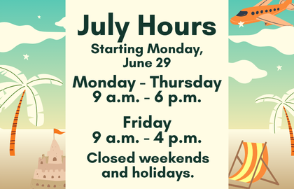 Starting Monday, June 29, the Library opening hours are Monday to Thursday from 9 a.m. to 6 p.m., Friday from 9 a.m. to 4 p.m. Closed weekends and holidays.