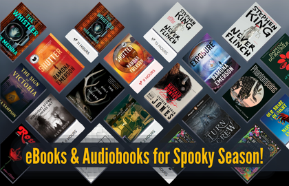 eBook & audioboooks for spooky season! Cover images for 15 eBooks and audiobooks by horror and suspense writers such as Steven King, Sarah Leavitt, Stephen Graham Jones, and Ramona Emerson.&nbsp;